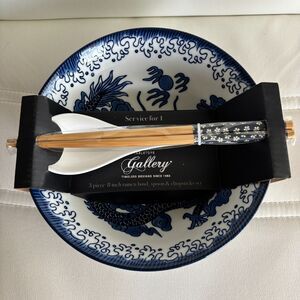 Tabletops Gallery Blue/White Dragon 8" Ramen Bowl Spoon Chopsticks 3 Pc Set